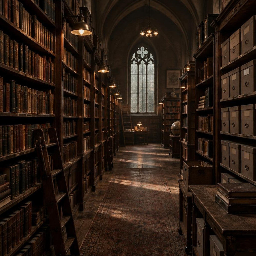 Rows of old books in a quiet library