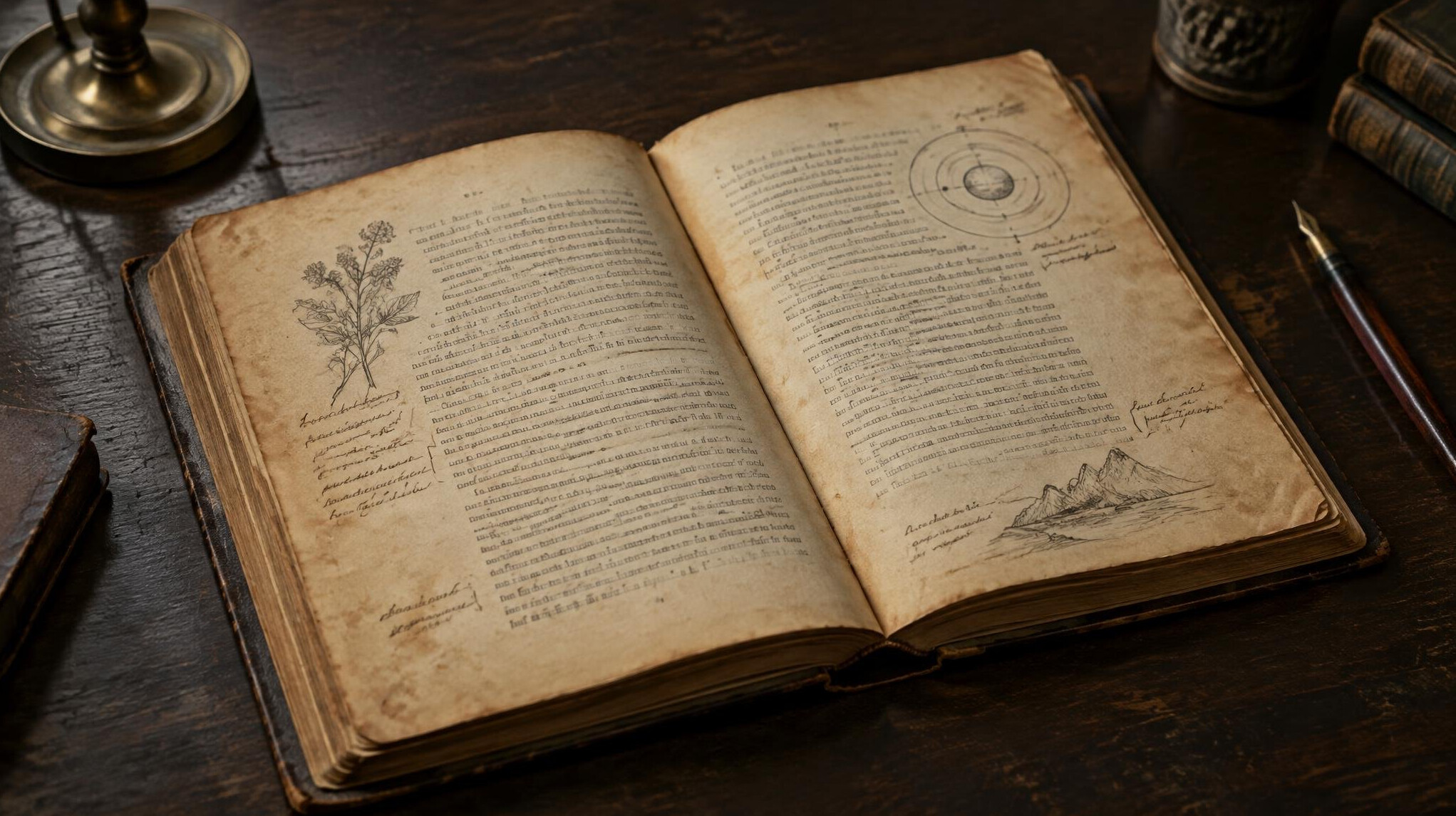 Open book with aged pages on a table