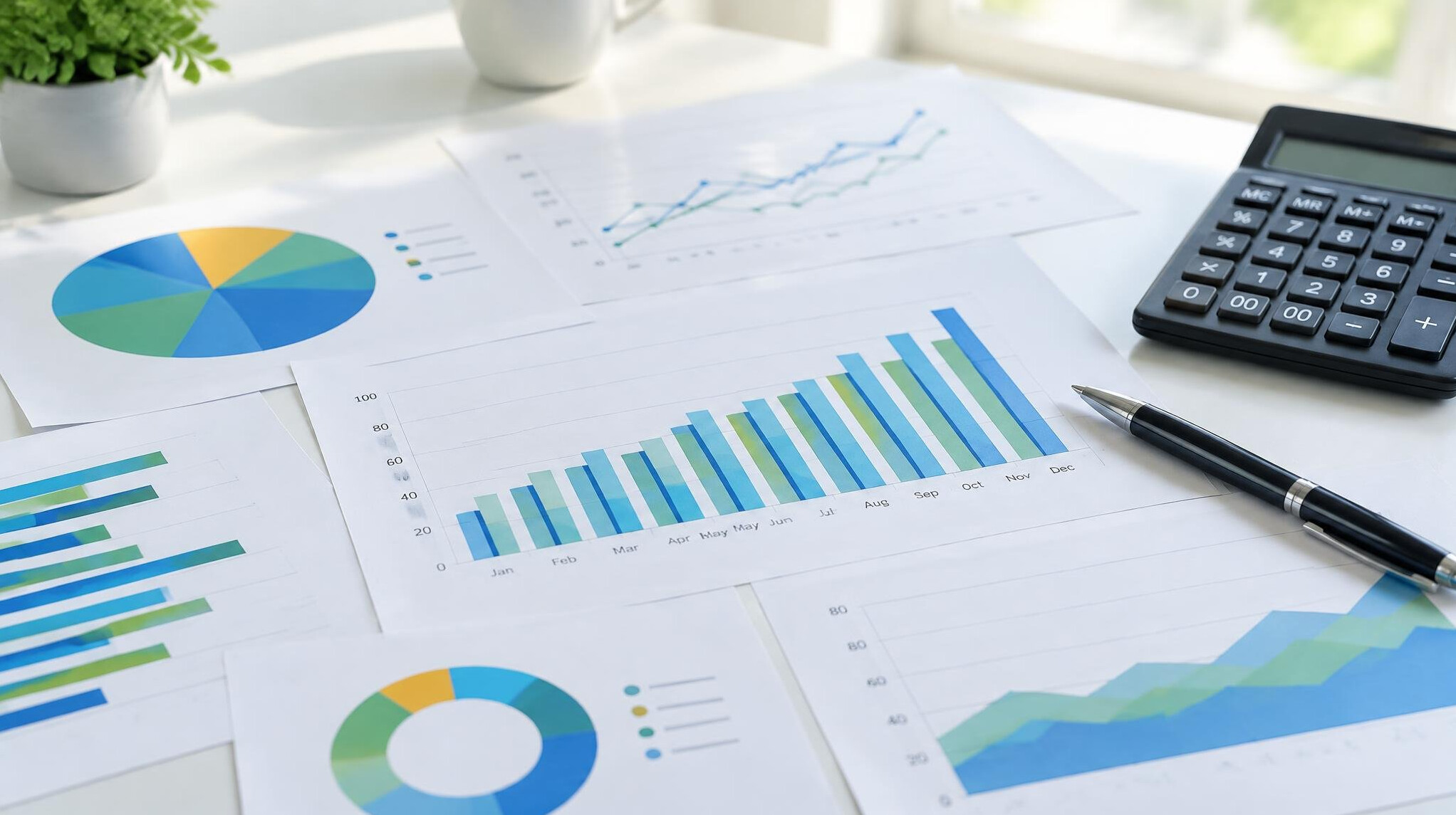 Printed charts and graphs spread on a table with a pen