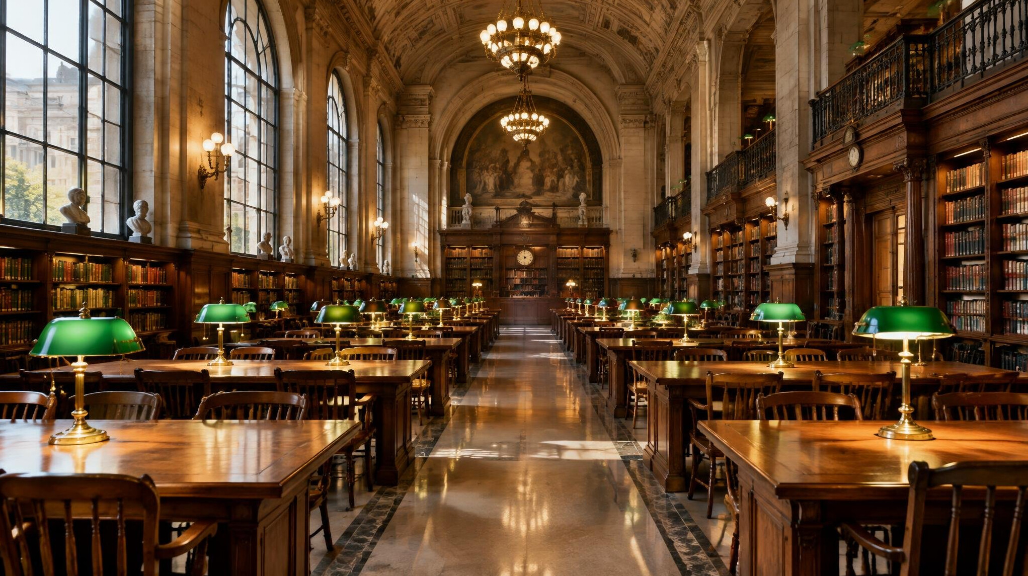 Library reading room with warm lights