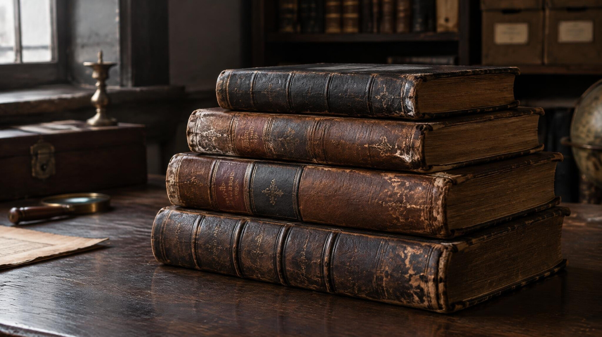 Stack of old leather books on a table