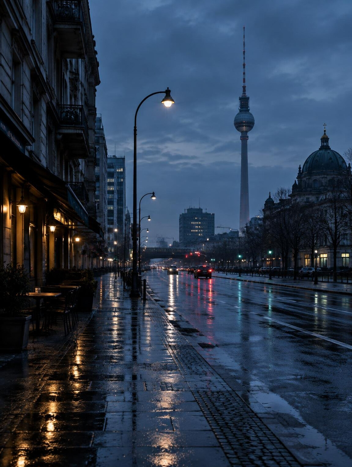 Berlin city street at dusk