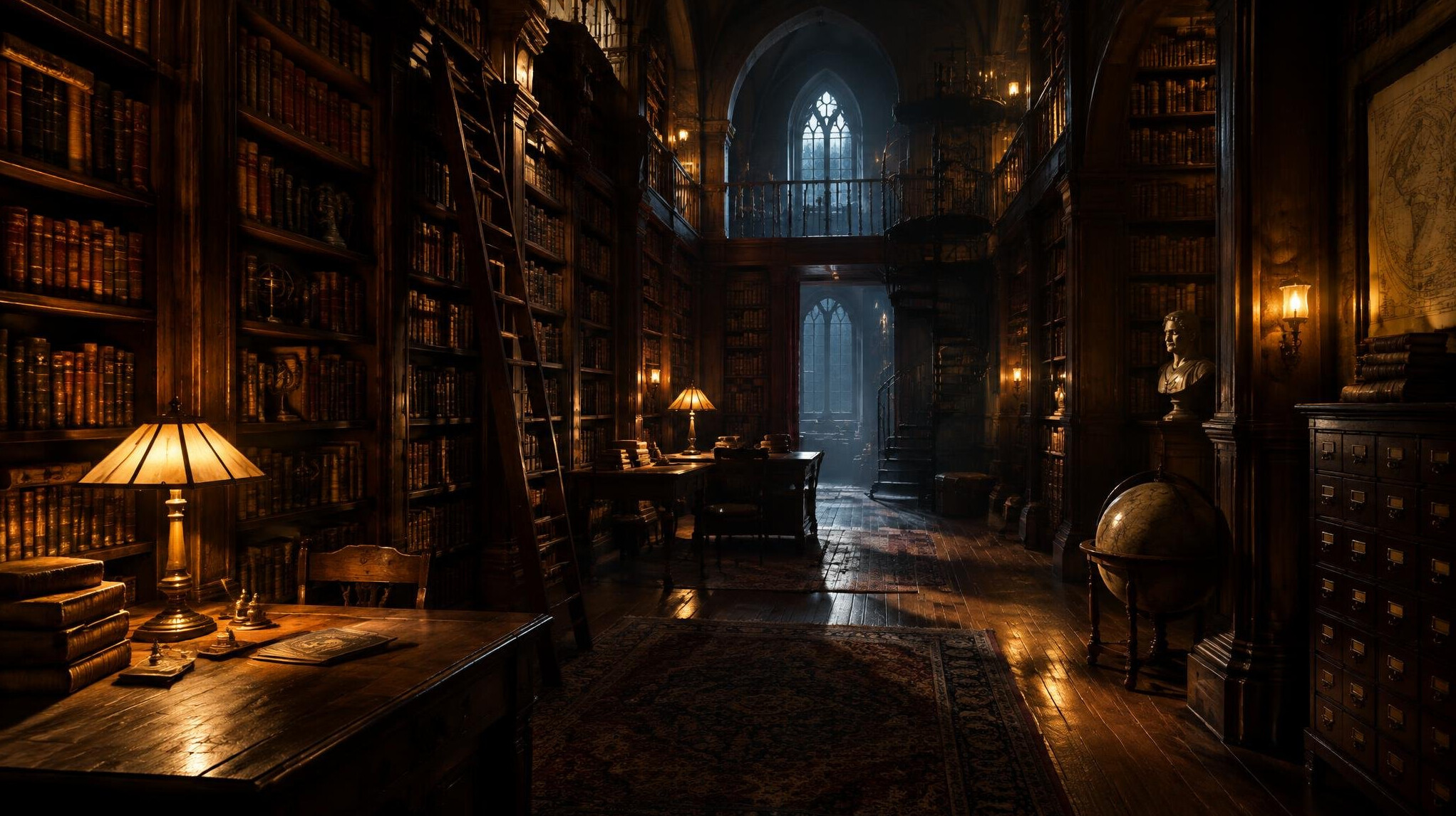 Old library with tall bookshelves and warm lamp light